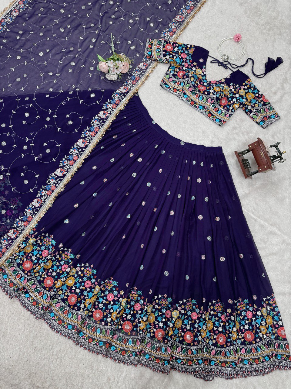 Faux Georgette Lehenga Choli Set - Thread & Sequence Embroidered Ethnic Wear