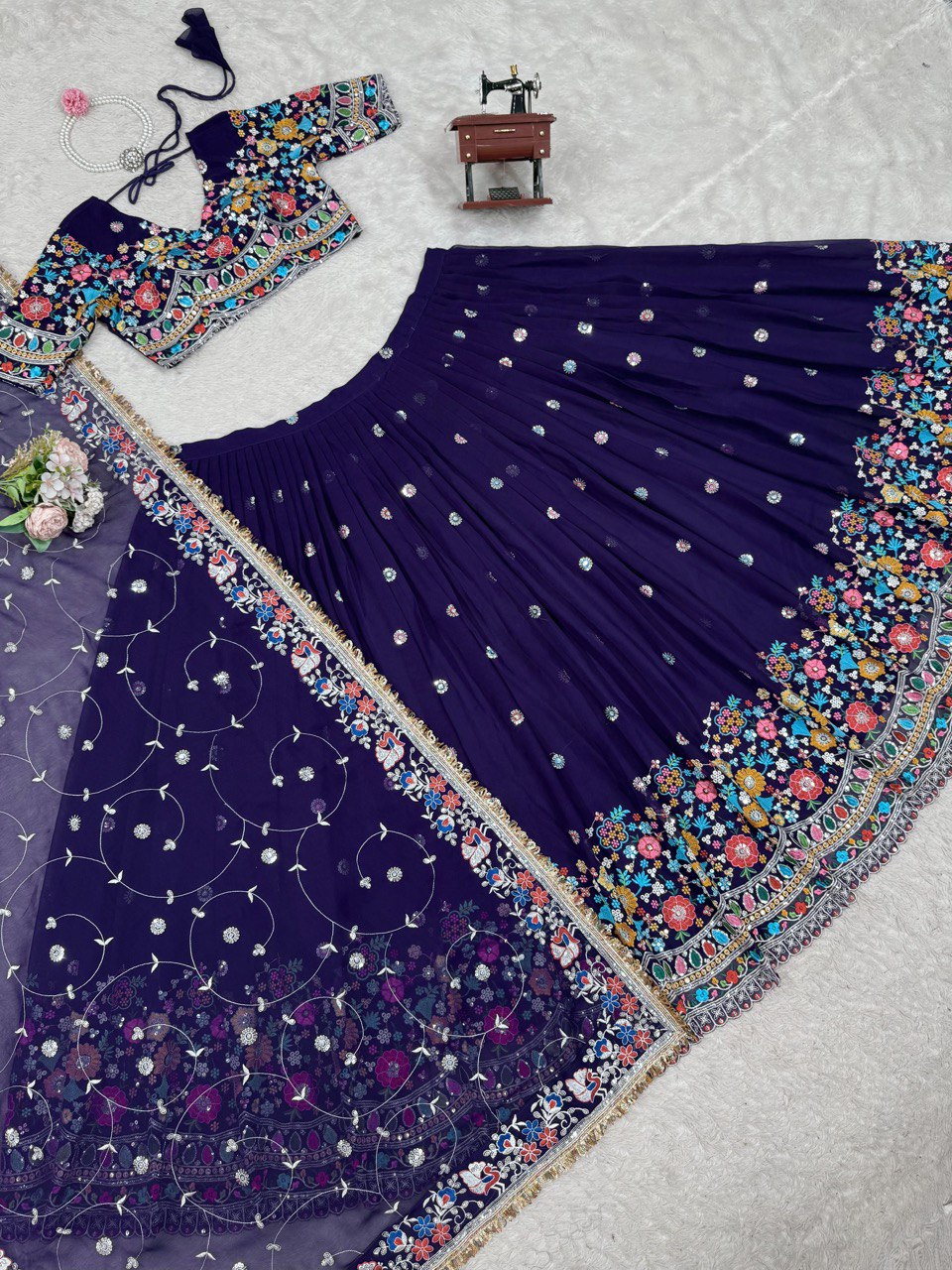 Faux Georgette Lehenga Choli Set - Thread & Sequence Embroidered Ethnic Wear