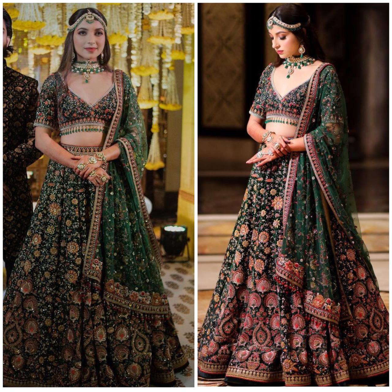 Multicolour Mehandi Colour faux Georgette lehenga with sequins Embroidery Work  and designer blouse perfect match for you
