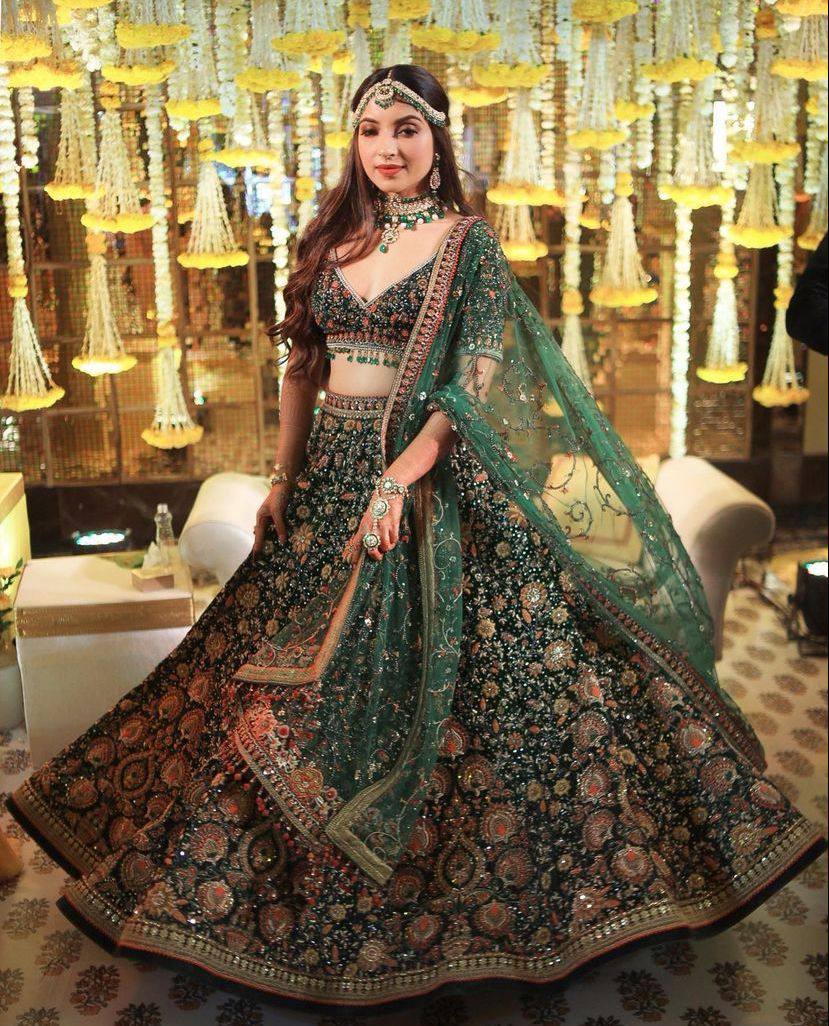 Multicolour Mehandi Colour faux Georgette lehenga with sequins Embroidery Work  and designer blouse perfect match for you