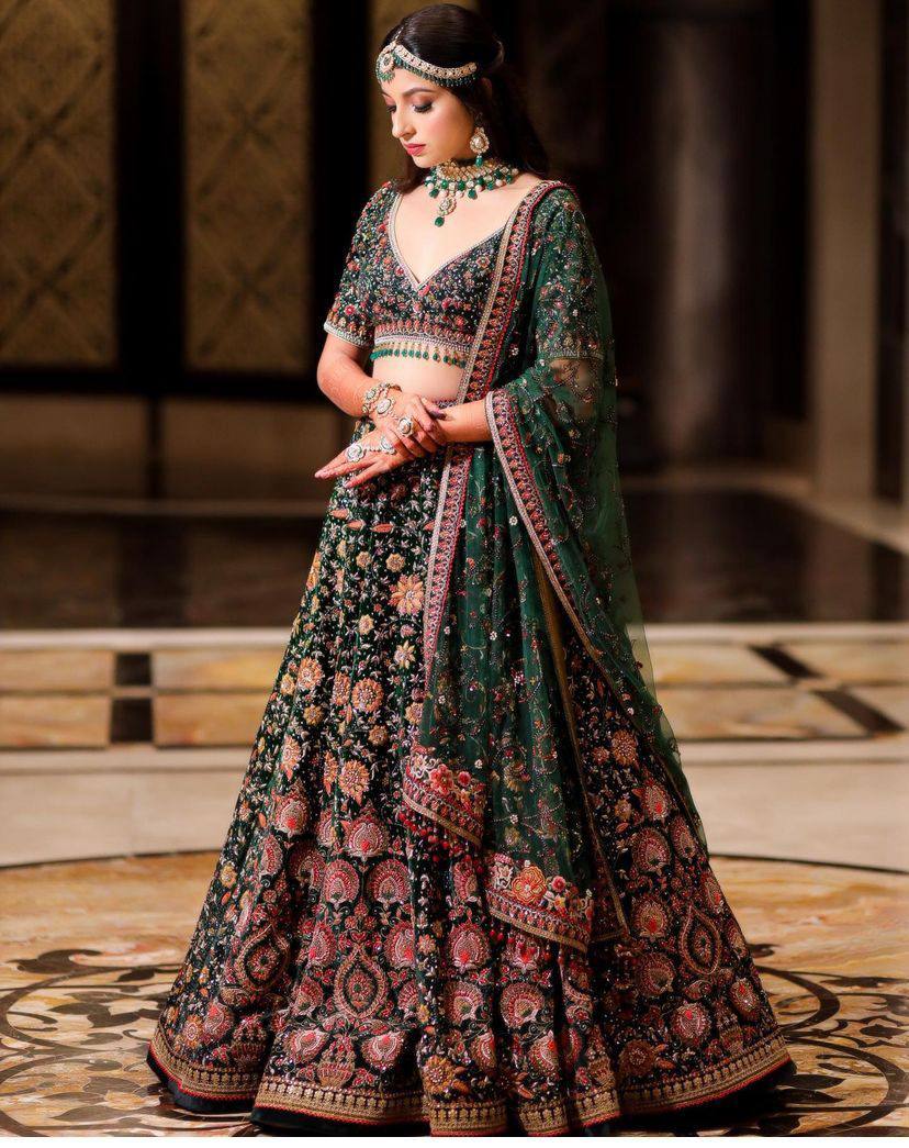 Multicolour Mehandi Colour faux Georgette lehenga with sequins Embroidery Work  and designer blouse perfect match for you