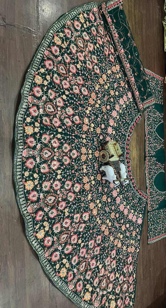Multicolour Mehandi Colour faux Georgette lehenga with sequins Embroidery Work  and designer blouse perfect match for you
