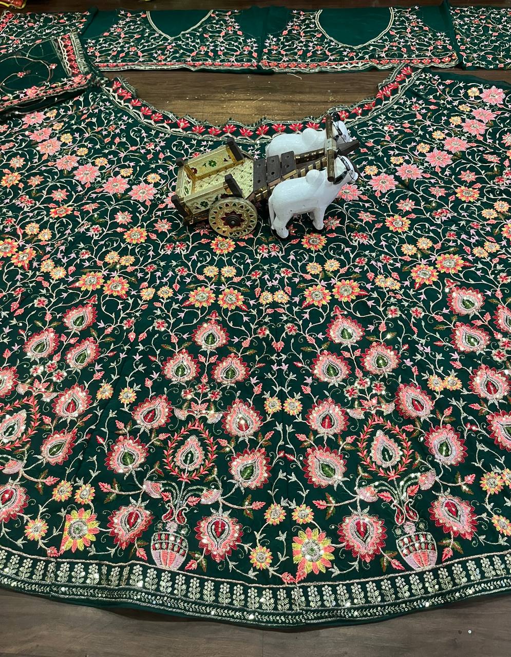 Multicolour Mehandi Colour faux Georgette lehenga with sequins Embroidery Work  and designer blouse perfect match for you
