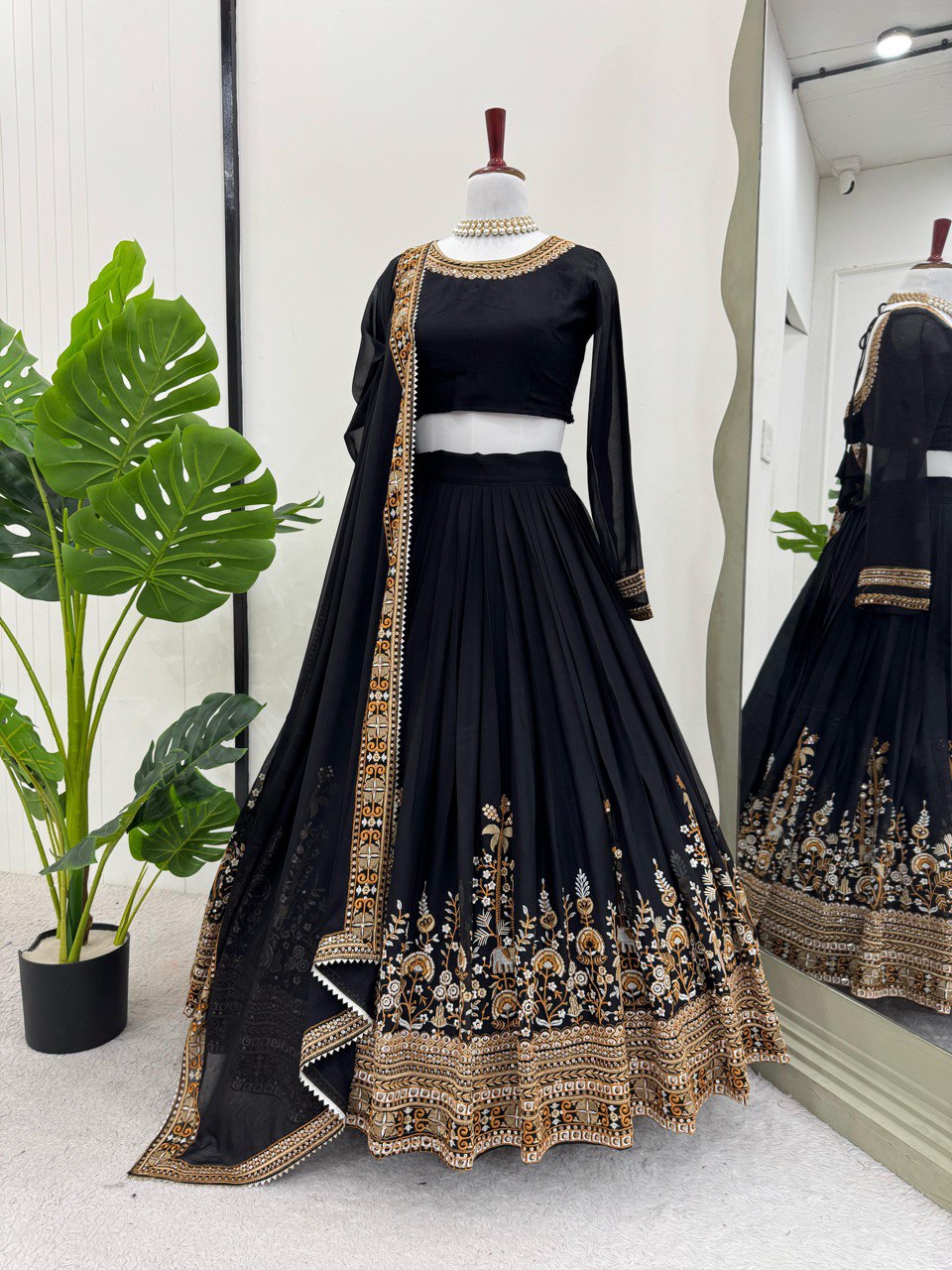 Semi-Stitched Lehenga Choli Set - 4m Flare, Faux Georgette, Sequence & Thread Work, Cancan Layer, Embroidered Dupatta
