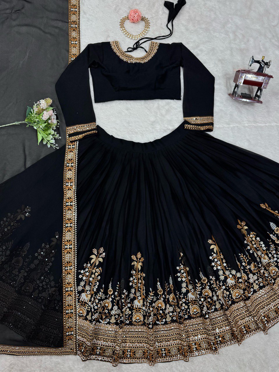 Semi-Stitched Lehenga Choli Set - 4m Flare, Faux Georgette, Sequence & Thread Work, Cancan Layer, Embroidered Dupatta