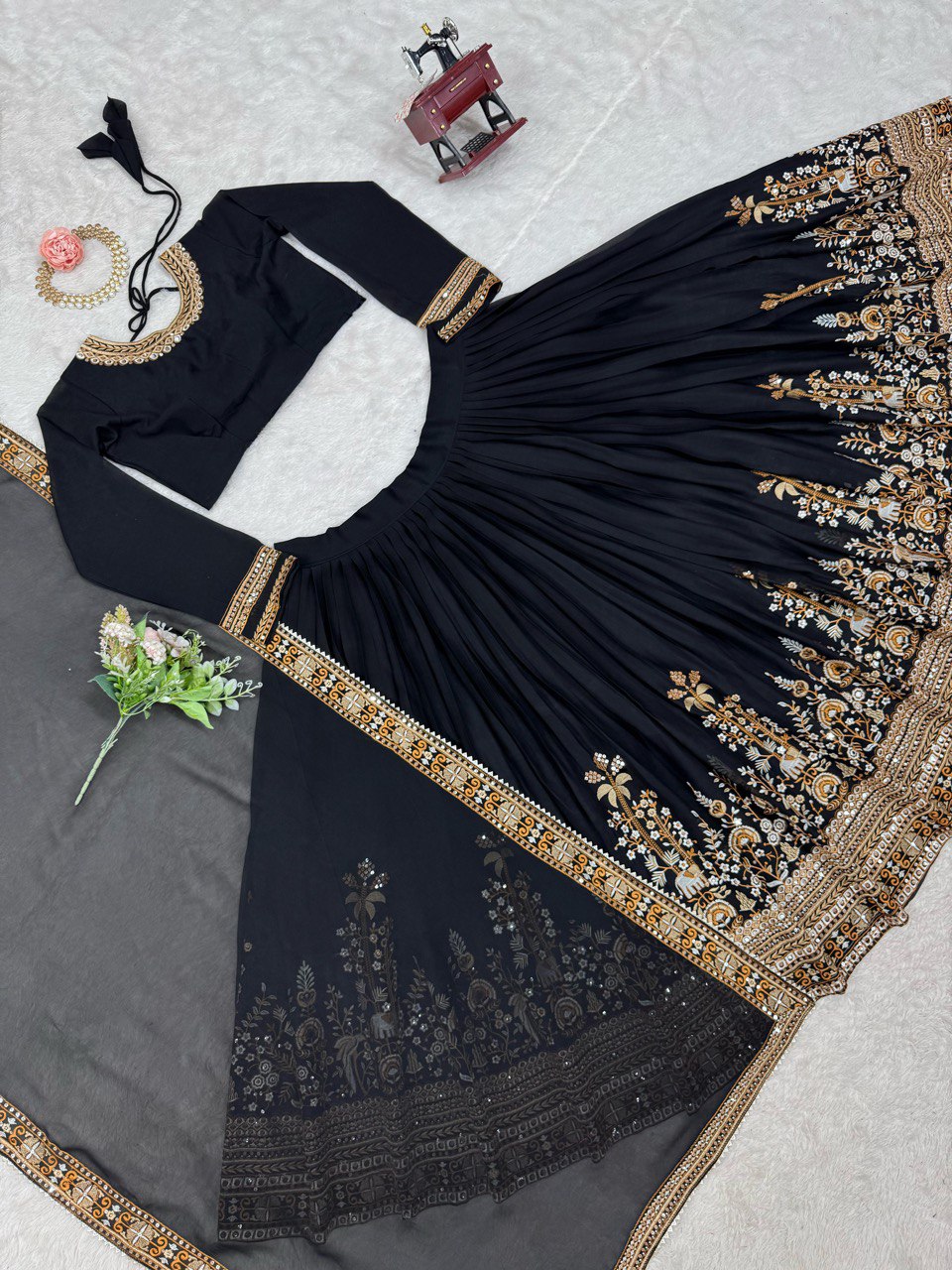 Semi-Stitched Lehenga Choli Set - 4m Flare, Faux Georgette, Sequence & Thread Work, Cancan Layer, Embroidered Dupatta