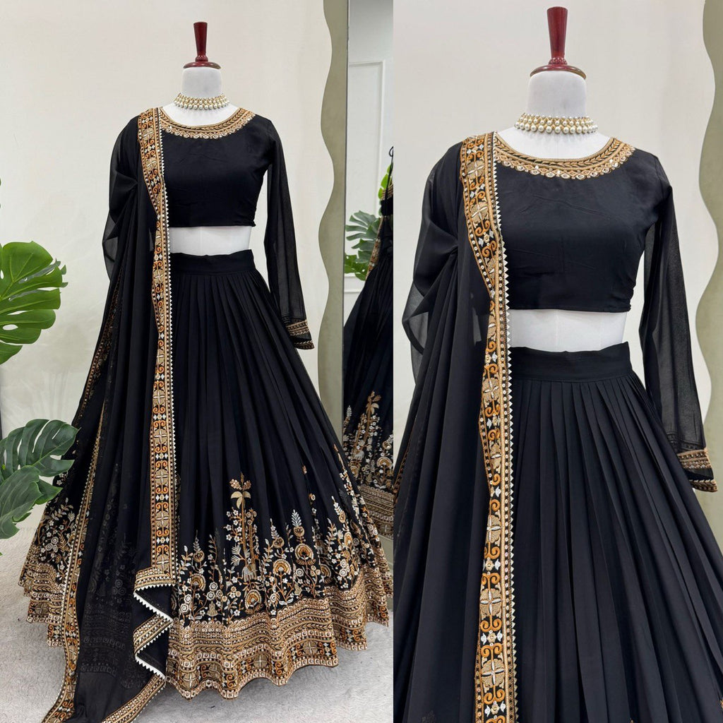 Semi-Stitched Lehenga Choli Set - 4m Flare, Faux Georgette, Sequence & Thread Work, Cancan Layer, Embroidered Dupatta