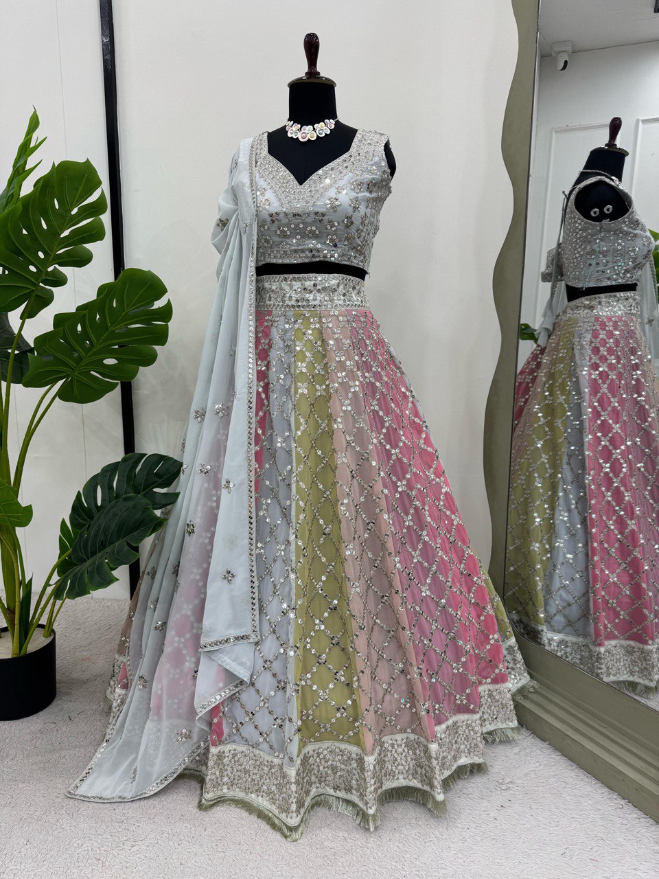 9mm Sequence Lehenga Choli - Semi-Stitched, 3.5m Flare, Fox Georgette, Cancan Support, Fancy Lace Dupatta for Weddings