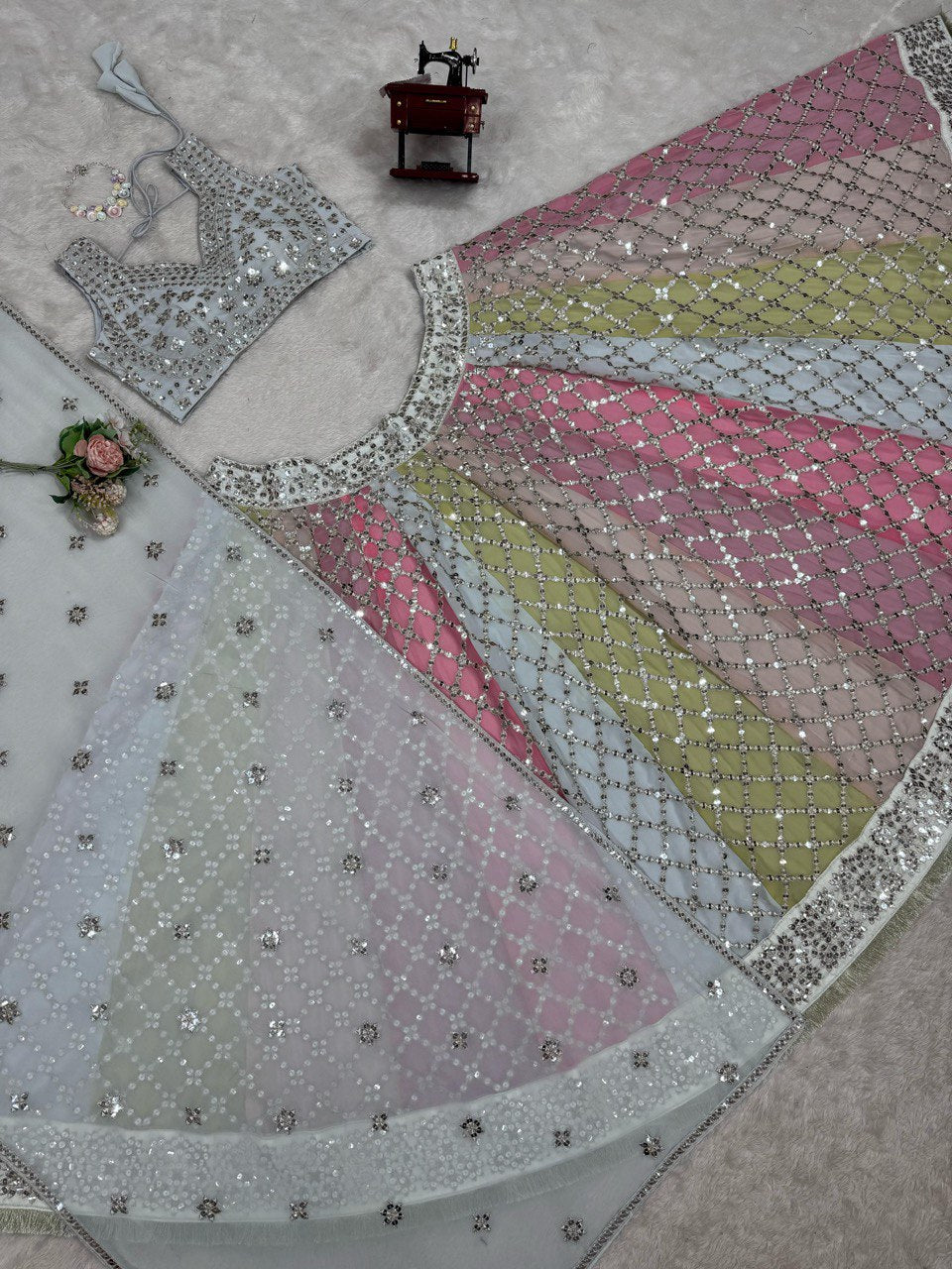 9mm Sequence Lehenga Choli - Semi-Stitched, 3.5m Flare, Fox Georgette, Cancan Support, Fancy Lace Dupatta for Weddings