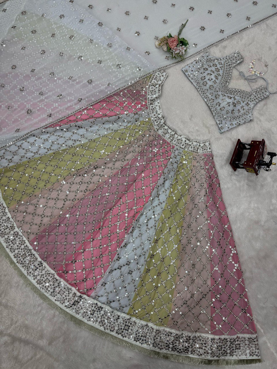 9mm Sequence Lehenga Choli - Semi-Stitched, 3.5m Flare, Fox Georgette, Cancan Support, Fancy Lace Dupatta for Weddings
