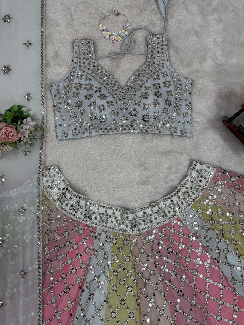 9mm Sequence Lehenga Choli - Semi-Stitched, 3.5m Flare, Fox Georgette, Cancan Support, Fancy Lace Dupatta for Weddings