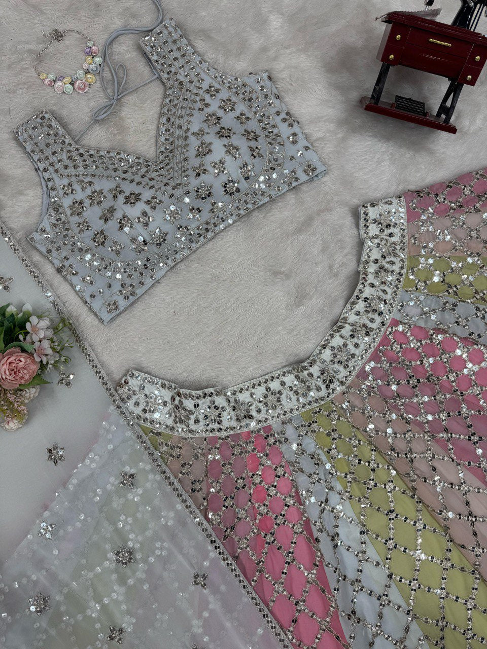 9mm Sequence Lehenga Choli - Semi-Stitched, 3.5m Flare, Fox Georgette, Cancan Support, Fancy Lace Dupatta for Weddings