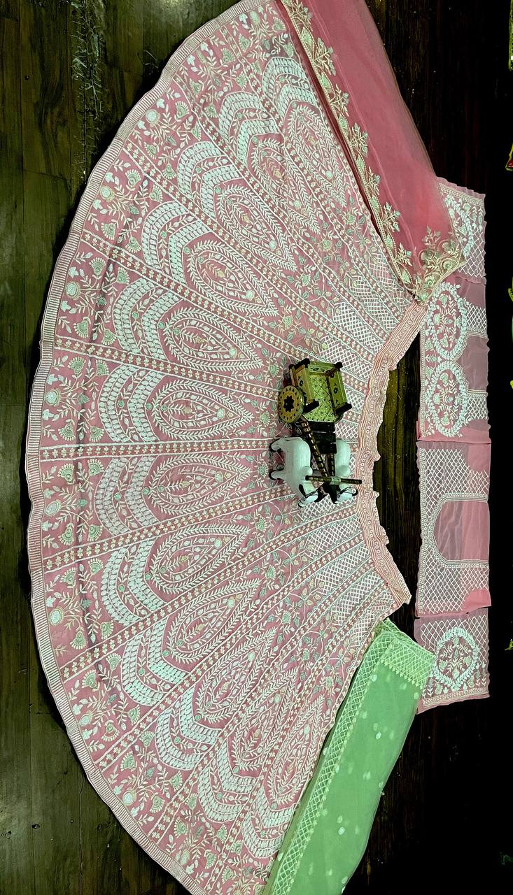Baby Pink Embroidered Lehenga Set with White Thread and Sequin Work