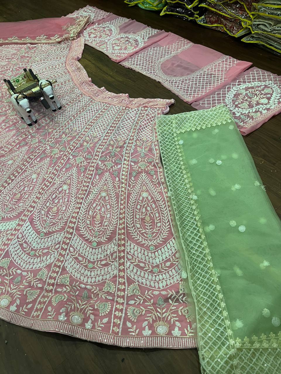 Faux Georgette Embroidered Lehenga Set with Dual Dupatta – Graceful Festive Wear