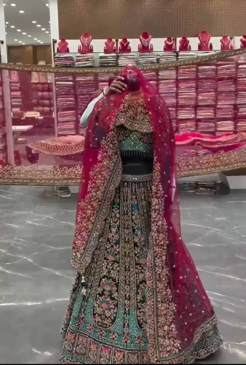 Black and Teal Heavy Embroidered Bridal Lehenga Set with Red Dupatta
