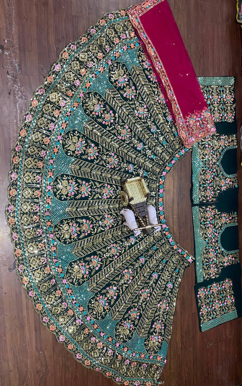 Black and Teal Heavy Embroidered Bridal Lehenga Set with Red Dupatta