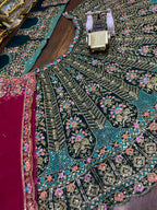 Black and Teal Heavy Embroidered Bridal Lehenga Set with Red Dupatta