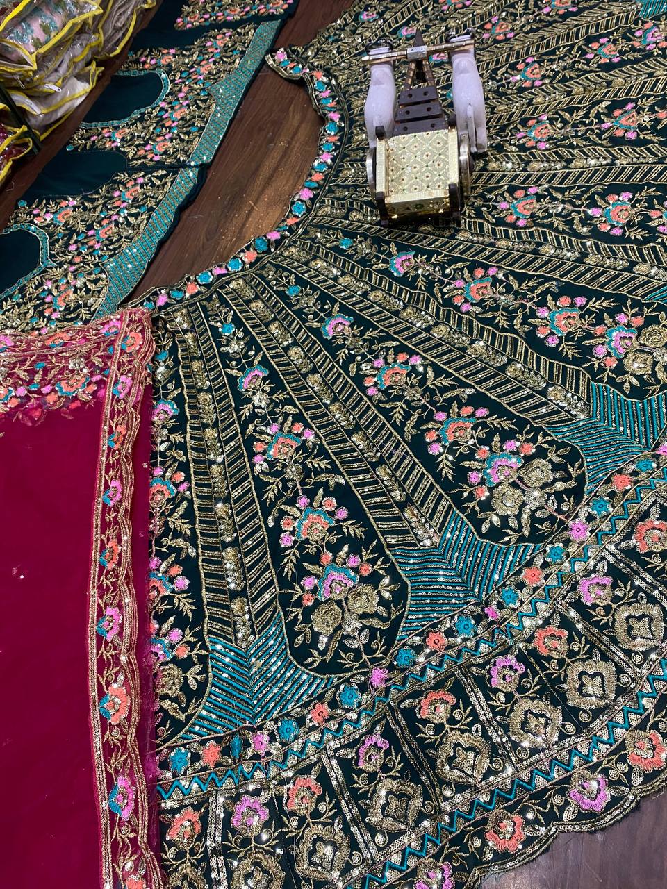 Black and Teal Heavy Embroidered Bridal Lehenga Set with Red Dupatta