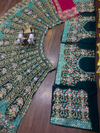 Black and Teal Heavy Embroidered Bridal Lehenga Set with Red Dupatta
