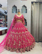 “Hot Pink Soft Net Bridal Lehenga with Coding Sequins Embroidery & Cancan – Length 42, Blouse up to 5XL”