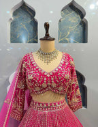 “Hot Pink Soft Net Bridal Lehenga with Coding Sequins Embroidery & Cancan – Length 42, Blouse up to 5XL”