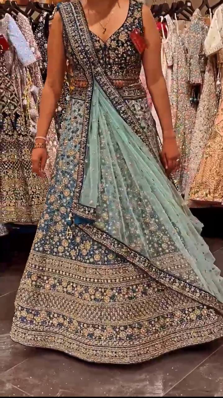 Royal Ombre Blue Mirror & Zari Embroidered Lehenga Choli