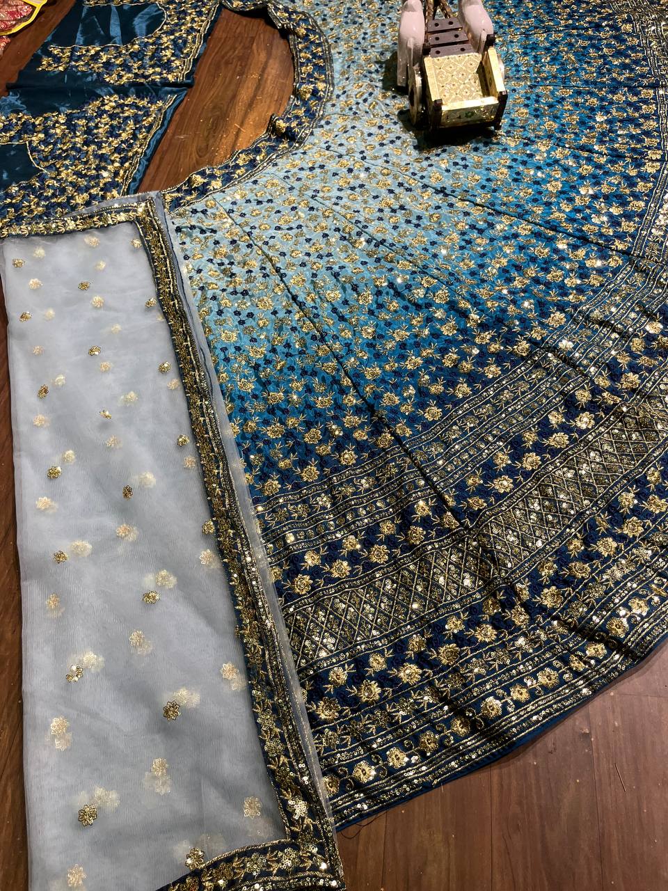 Royal Ombre Blue Mirror & Zari Embroidered Lehenga Choli