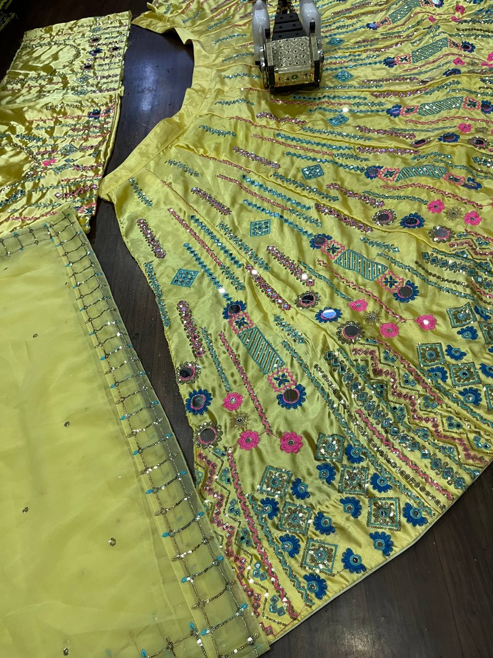 "Vibrant Yellow Silk Lehenga with Mirror & Multicolor Embroidery – Festive & Wedding Wear"