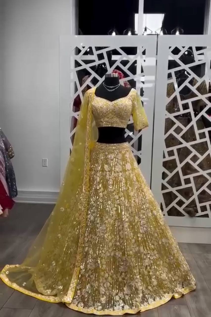 Yellow  Colour lehenga with Embroidery Sequins Work With Cancan &Canvas Patta  work and designer blouse perfect match for you