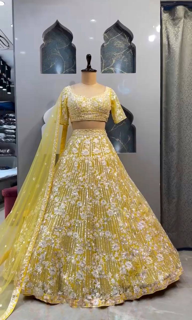 Yellow  Colour lehenga with Embroidery Sequins Work With Cancan &Canvas Patta  work and designer blouse perfect match for you
