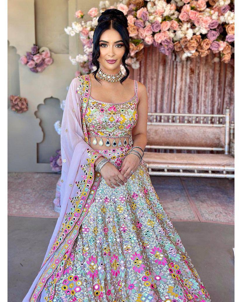 Multi colour Luxurious Faux Georgette lehenga with Mirror and  designer blouse