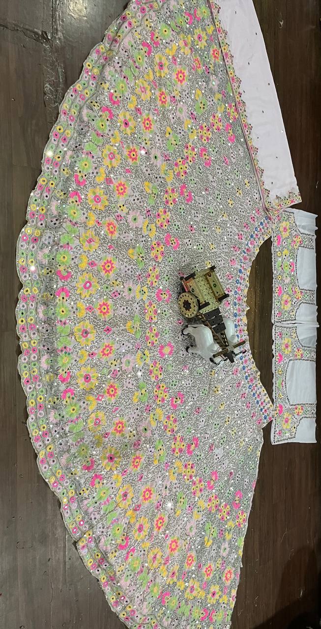 Multi colour Luxurious Faux Georgette lehenga with Mirror and  designer blouse