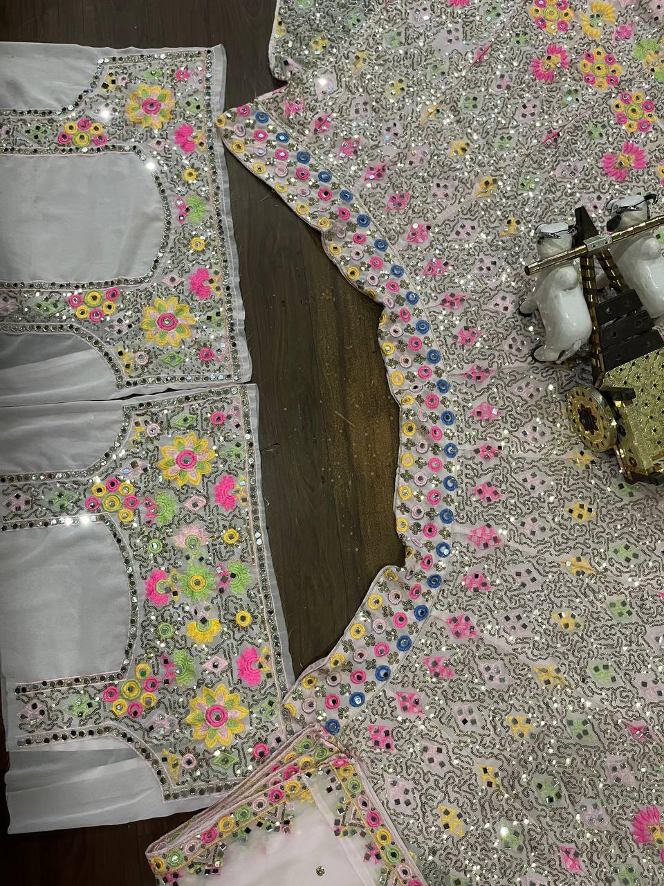 Multi colour Luxurious Faux Georgette lehenga with Mirror and  designer blouse