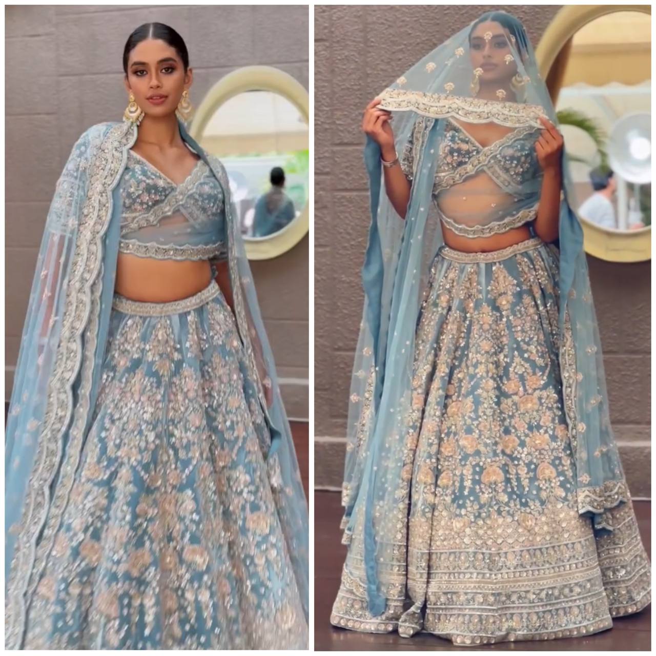 Powder Blue Heavy Embroidered Lehenga Set with Golden Zari and Sequin Work