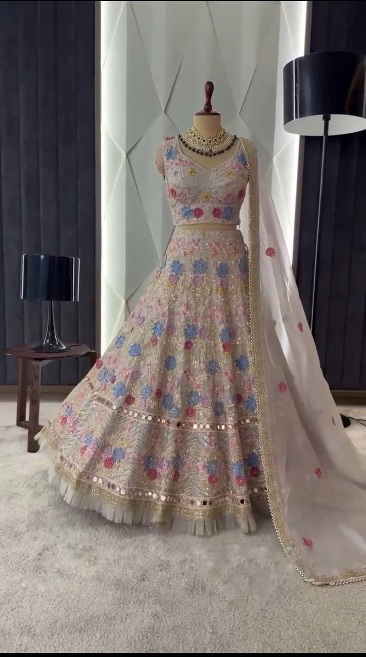 Fox Georgette Mirror Work Lehenga with Sequins & Frill – Party Wear Lehenga Set