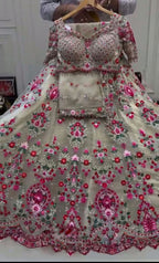 Cream Embroidered Fabric Set with Pink Floral and Mirror Work