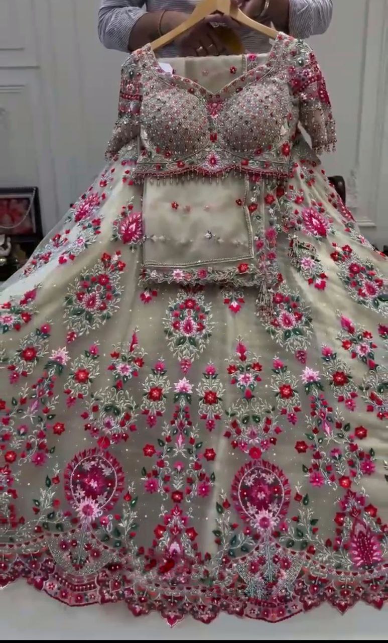 Cream Embroidered Fabric Set with Pink Floral and Mirror Work