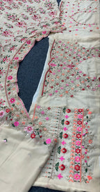 Cream Embroidered Fabric Set with Pink Floral and Mirror Work