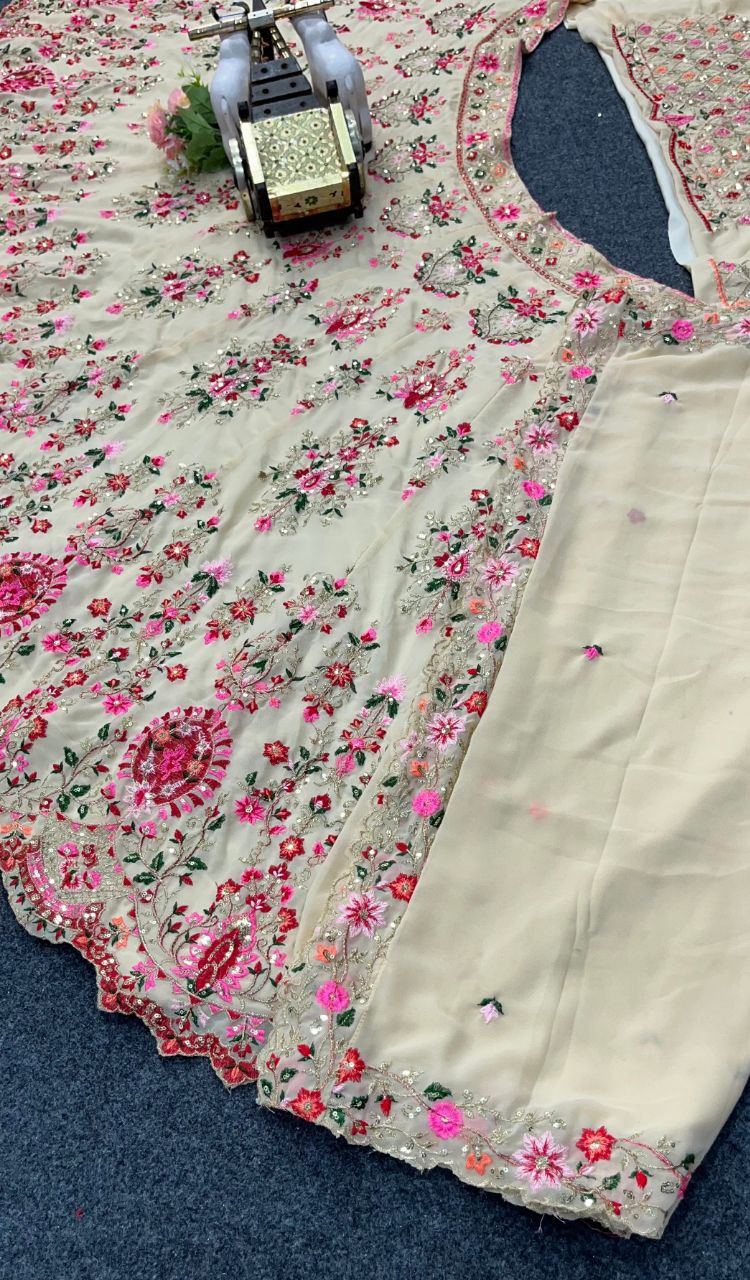 Cream Embroidered Fabric Set with Pink Floral and Mirror Work