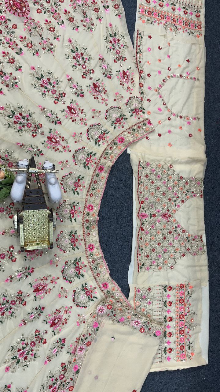 Cream Embroidered Fabric Set with Pink Floral and Mirror Work