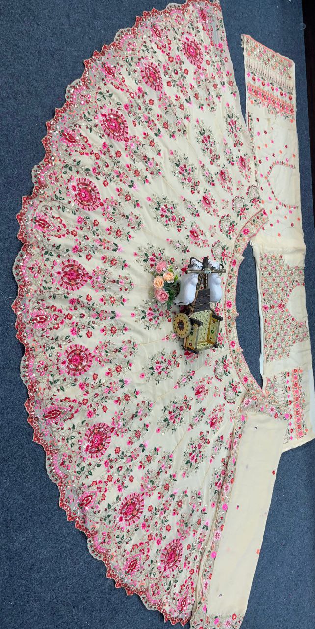 Cream Embroidered Fabric Set with Pink Floral and Mirror Work