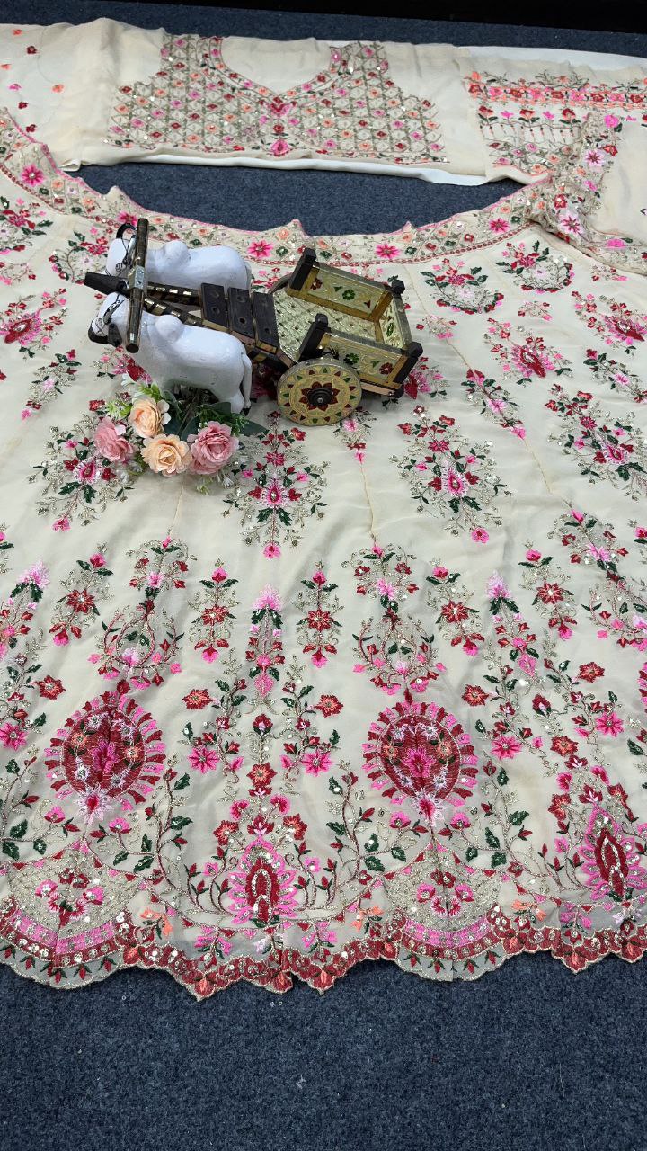 Cream Embroidered Fabric Set with Pink Floral and Mirror Work