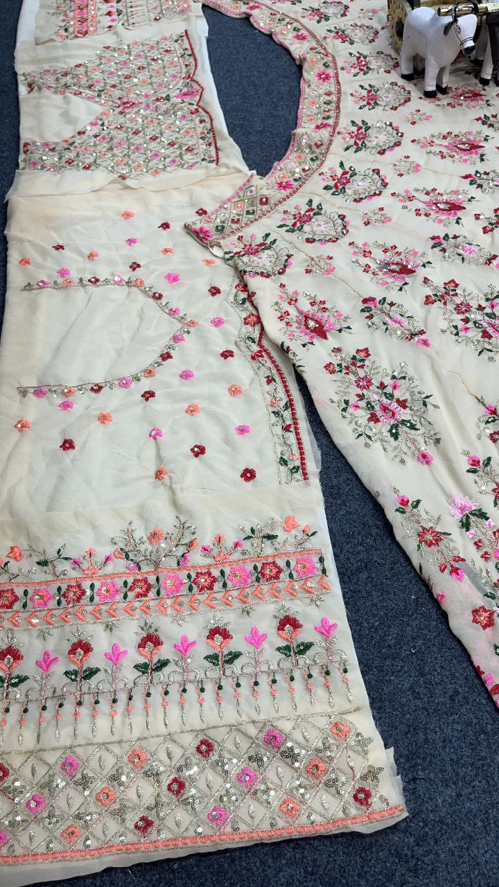 Cream Embroidered Fabric Set with Pink Floral and Mirror Work