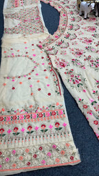 Cream Embroidered Fabric Set with Pink Floral and Mirror Work