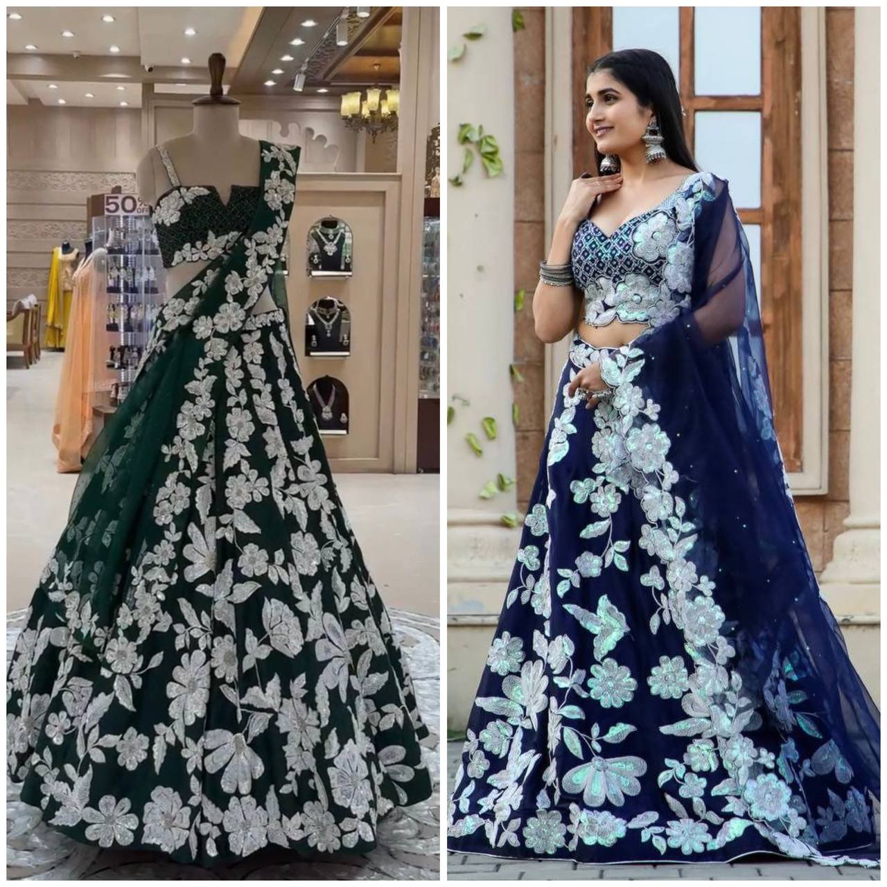 Emerald  Floral Embroidered Velvet Lehenga Set with Sequin and Zari Work