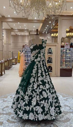 Emerald  Floral Embroidered Velvet Lehenga Set with Sequin and Zari Work