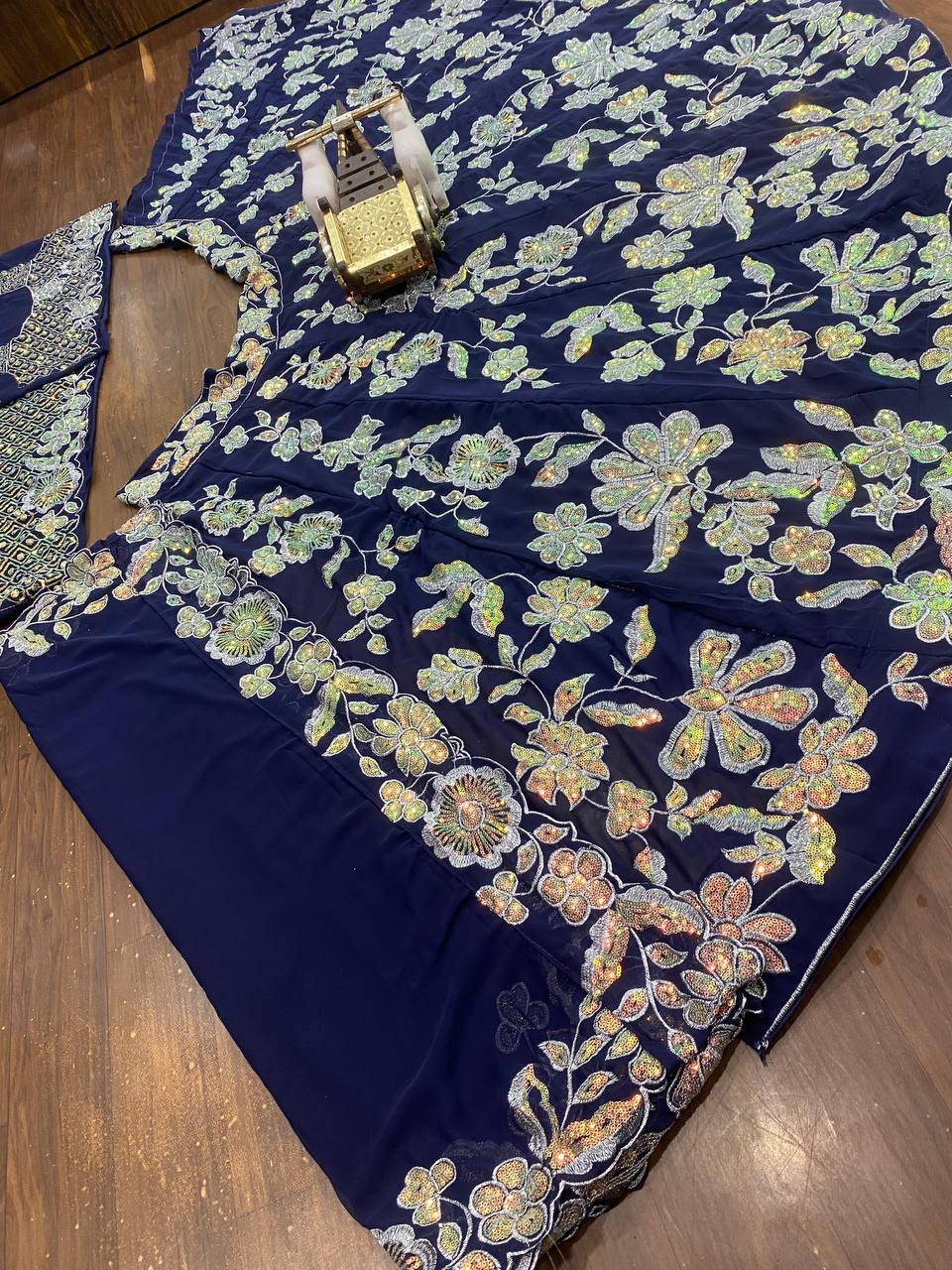 Emerald  Floral Embroidered Velvet Lehenga Set with Sequin and Zari Work