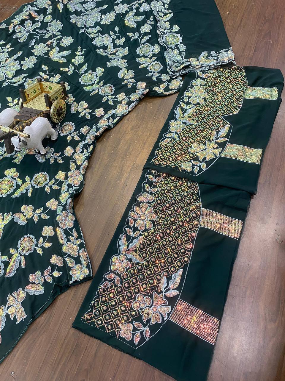 Emerald  Floral Embroidered Velvet Lehenga Set with Sequin and Zari Work