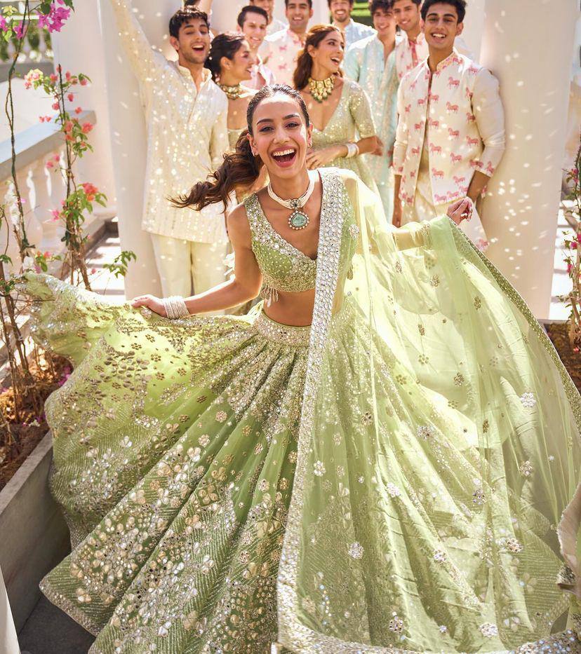 Glamorous Foil Mirror Sequins Butterfly Net Lehenga Set for Grand Celebrations