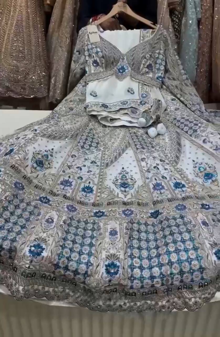White and Royal Blue Embroidered Lehenga Set with Mirror and Sequin Work